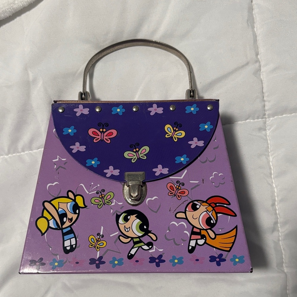 Vintage Retro Powerpuff Girls Purple Cartoon-Print Mini Tin Top-Handle Bag